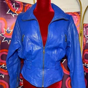 Electric blue genuine leather crop jacket